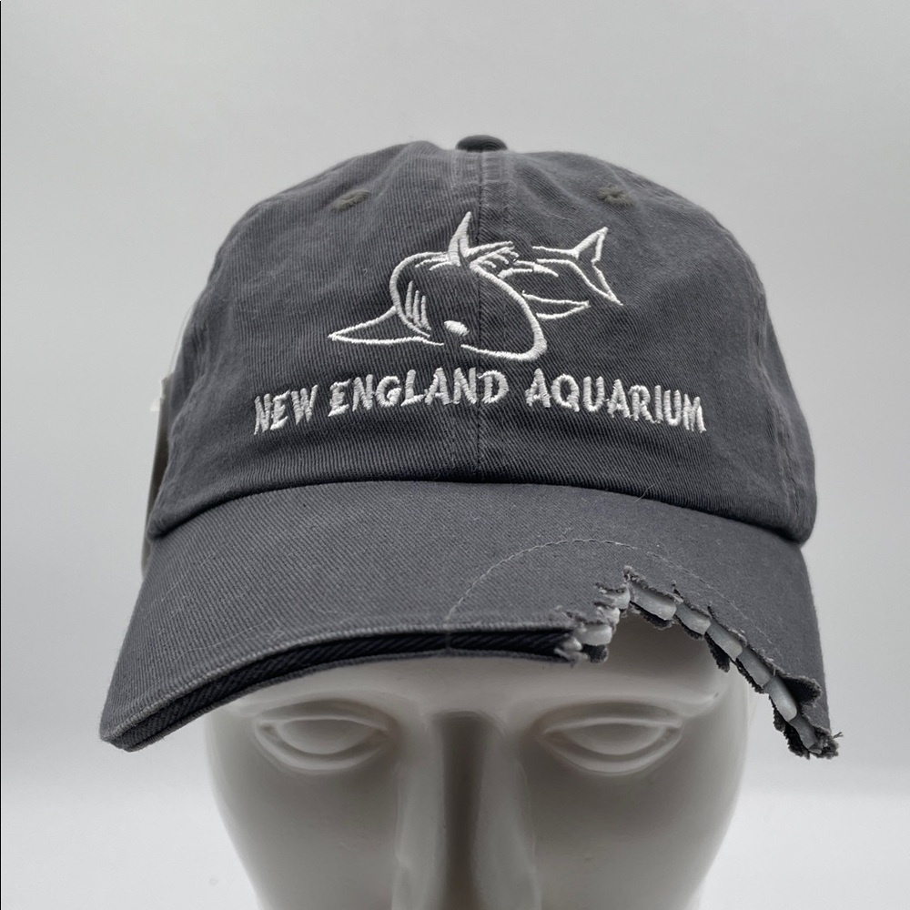 NWT New England Aquarium Shark Bite Embroidered Logo Baseball Cap Gray Blue Hat
